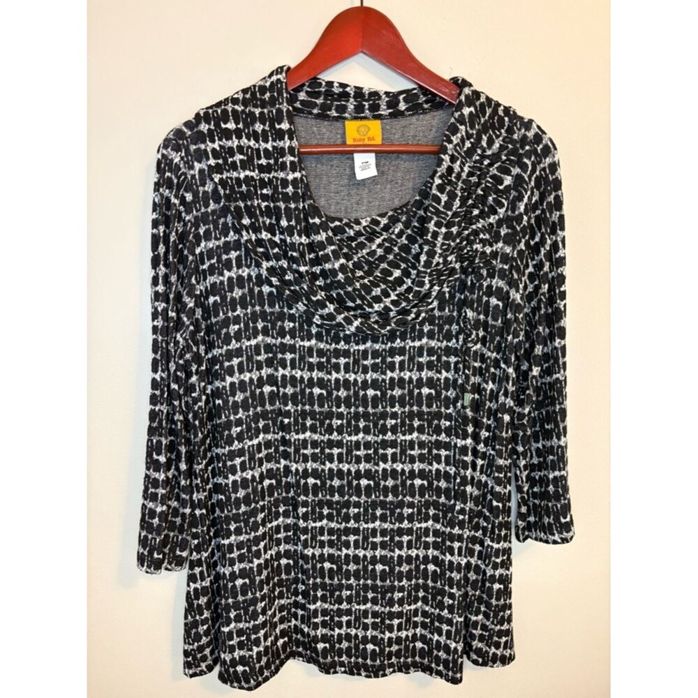 Ruby Rd Petite PM Cowl Neck Top Black White Stretch Knit